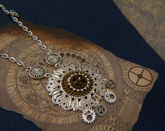 Steampunk Flower Necklace / Steampunk Jewelry / Flower Jewelry, Industrial Jewelry, Gears Necklace, Assemblage Jewelry, Floral Necklace