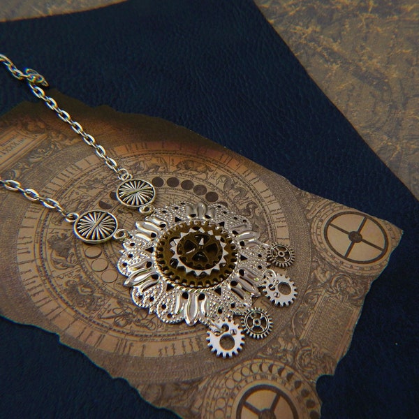 Steampunk Flower Necklace / Steampunk Jewelry / Flower Jewelry, Industrial Jewelry, Gears Necklace, Assemblage Jewelry, Floral Necklace