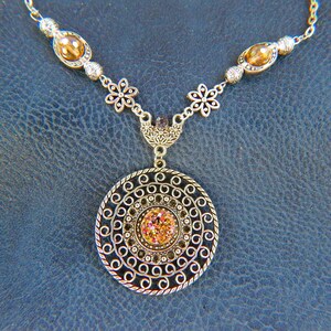 Art Nouveau Pendant Necklace: Silver Flower, Iridescent Center