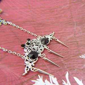 Gothic Victorian Pendant Necklace: Black Glass & Silver Spike Charms