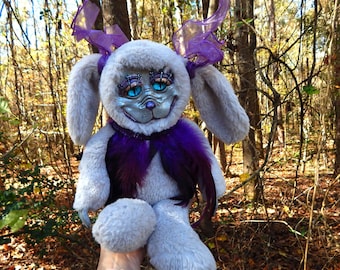 Creepy Cute Animal Art Doll, Creepy Rabbit Plushie / OOAK Creature, Handmade/ Gray Fantasy Creature, Creepy Plush, Scary Animal Plush