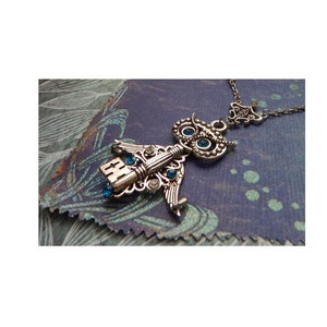 Steampunk Owl Key Pendant Necklace: Silver Assemblage Art Jewelry