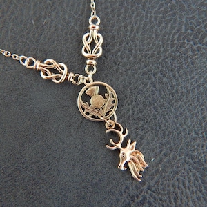 Scottish Stag & Thistle Necklace / Silver Thistle Pendant Necklace / Thistle Stag Necklace, Scotland, Celtic Necklace, Scottish Jewelry