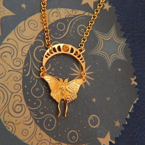 Lunar Moth Necklace / Gold Moth Moon Charm Necklace / Moth Pendant, Cottage Core Jewelry, Assemblage Jewelry, Moon Phases Jewelry, Luna Moth