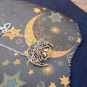 Luna Moth Necklace / Silver Moth Moon Charm Necklace / Moth Pendant, Cottage Core Jewelry, Assemblage Jewelry, Moon Phases Jewelry