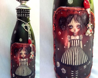 Gothic Girl Art Bottle – Mixed Media Decor with Voodoo Doll Charm, Black and White