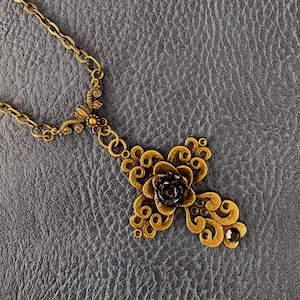 Gold Gothic Flower Cross Necklace: Ornate Victorian Pendant