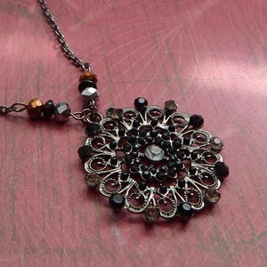 Gothic Flower Pendant Necklace: Faceted Glass Beads, Gunmetal Chain