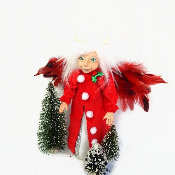 Christmas Angel Art Doll / Fairy Tree Topper/ Christmas Decor, Fairy Ornament, Handmade Christmas Red Fairy Ornament, Christmas Decoration