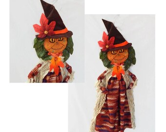Pumpkin Art Doll / Pumpkin Head Wall Decor, Witch Halloween Decor / Handmade Fall Wall Hanging, Primitive Pumpkin, Pumpkin Patch Decor