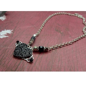 Gothic Heart Pendant Necklace: Black Glass Beads, Silver Chain