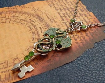 Dragon Key Necklace / Fantasy Jewelry / Key Jewelry, Dragon Lover Gift, Fairy Core Jewelry, Handmade Dragon Key, Assemblage Jewelry