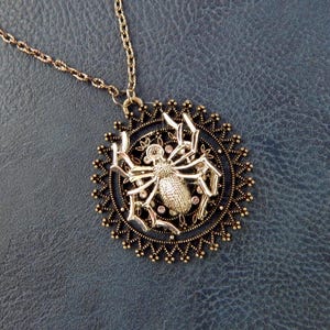 Gothic Spider Pendant Necklace: Black Jeweled Spider, Gunmetal Chain