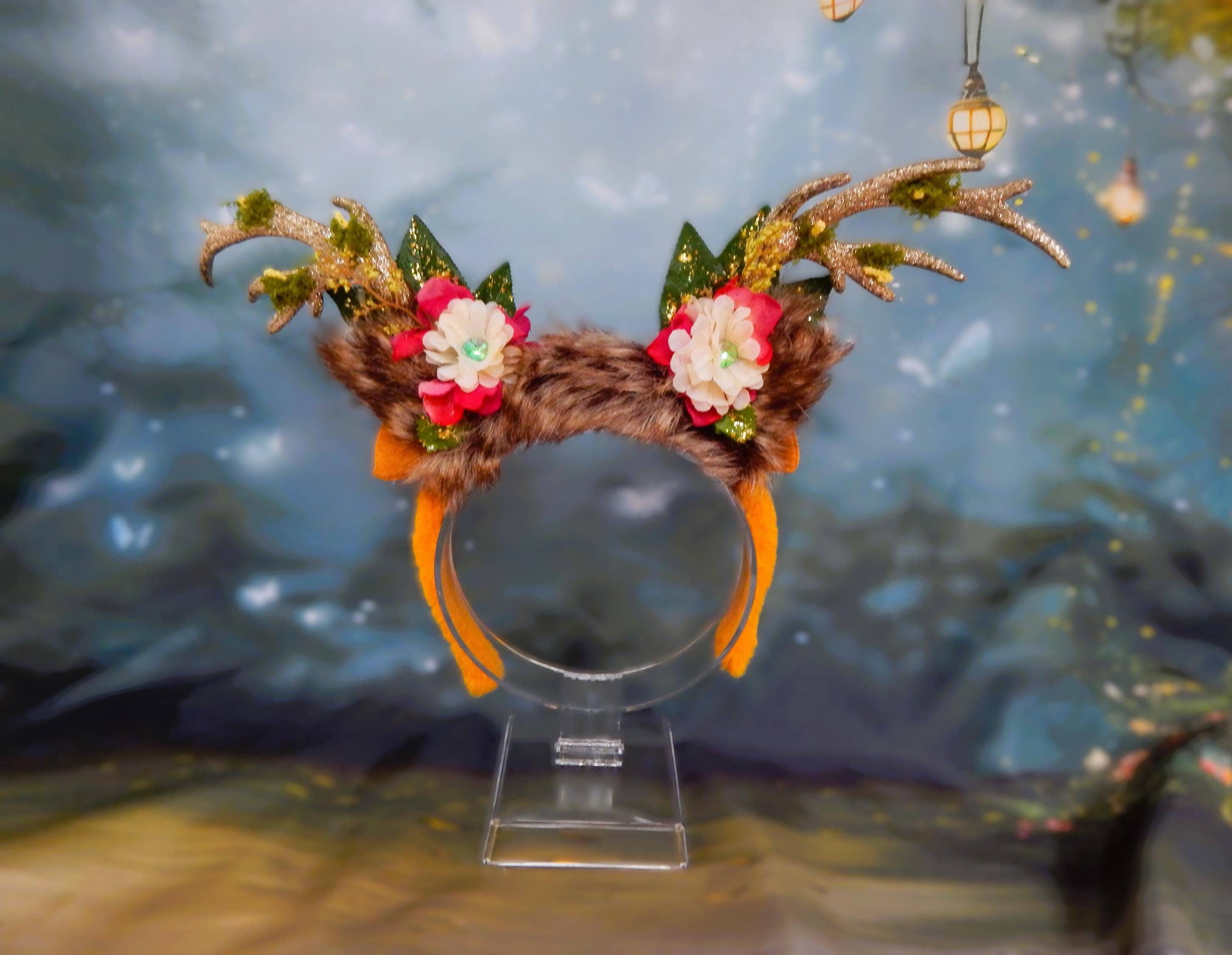 Gold Antler Headpiece: Faux Fur Ears, Floral Woodland Crown - Etsy