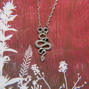 Silver Snake Pendant Necklace: Black Glass Stones, Stainless Steel Chain