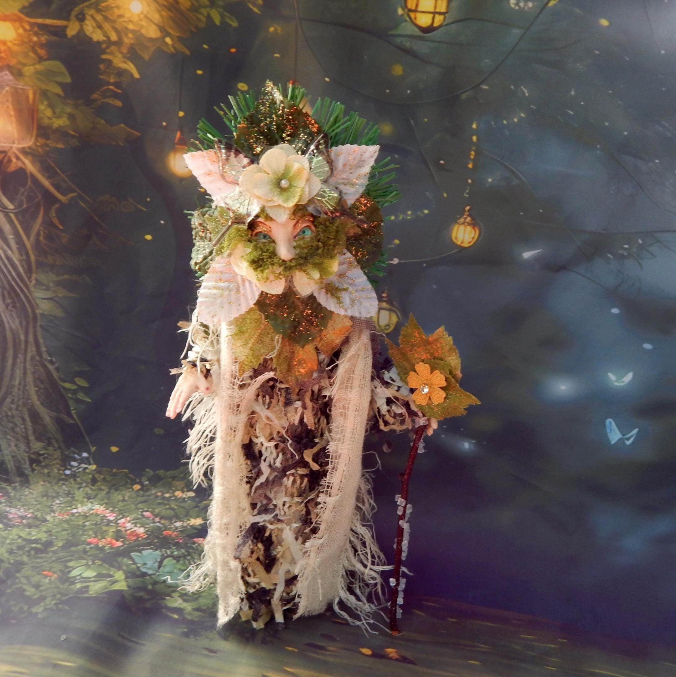 Woodland Guardian OOAK Art Doll / Pagan Decor / Green Man Figurine, Elf Art Doll, Fairy Core, Wicca, Fantasy Decor, Mixed Media, Handmade