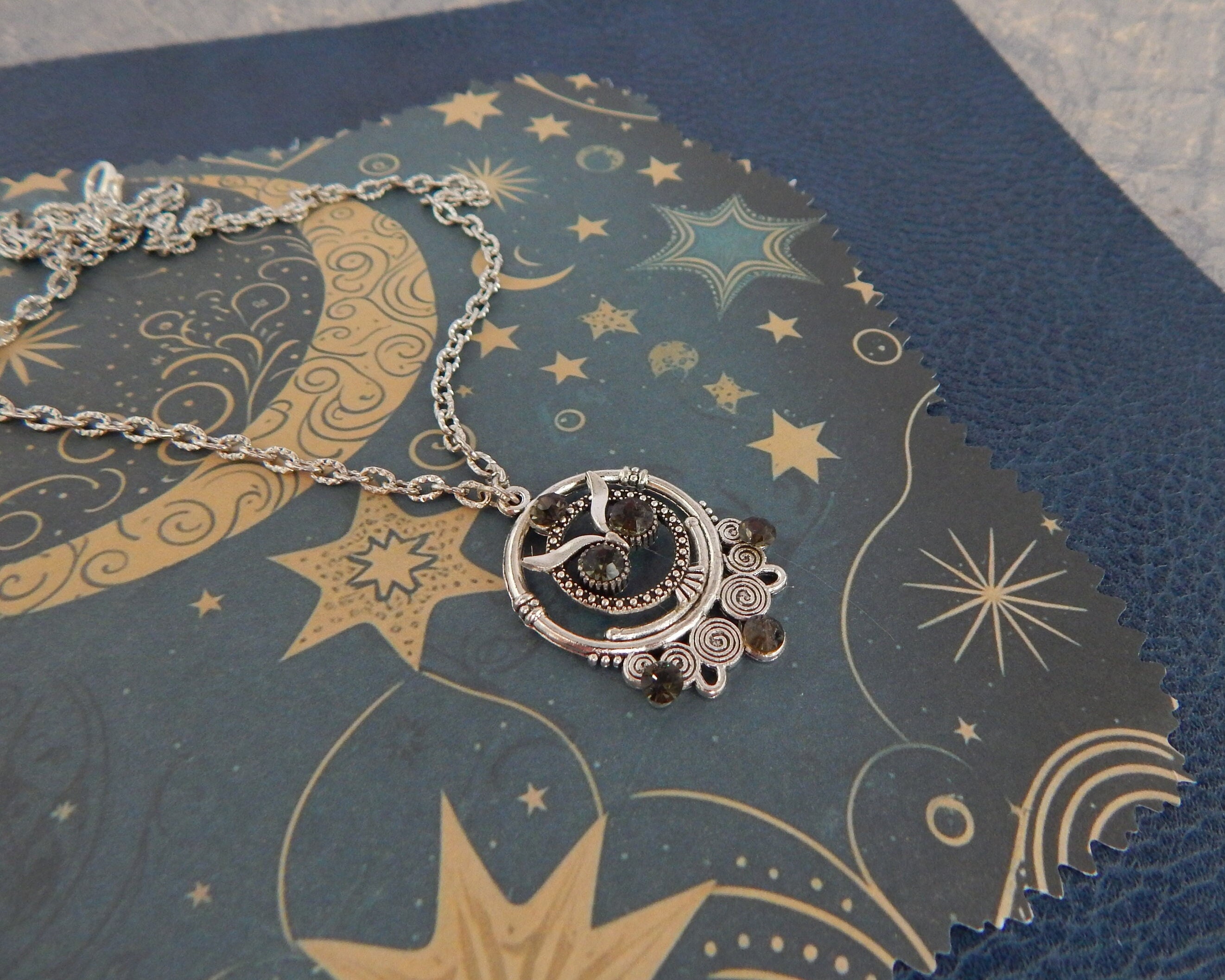 Silver Owl Pendant Necklace: Black Glass Stone, 18" Chain
