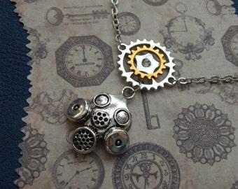 Steampunk Gas Mask Necklace / Gas Mask Jewelry / Industrial Necklace, Assemblage Jewelry, Gears Necklace, Gas Mask Necklace, Handmade