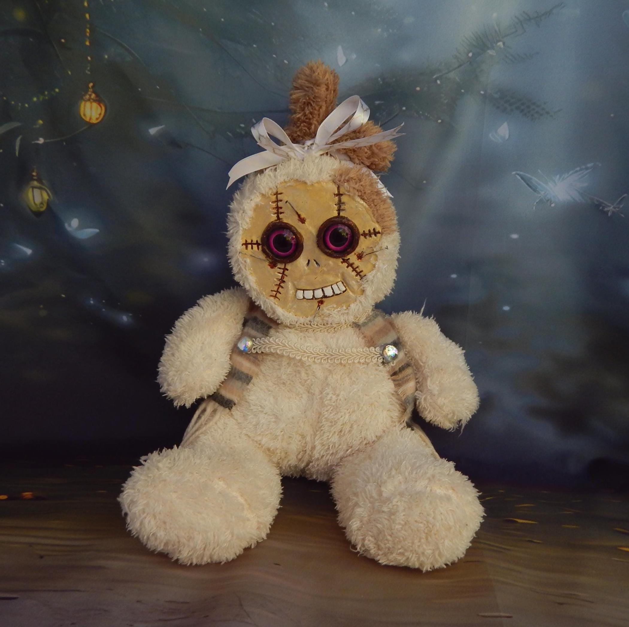 不気味なクマのアートドール、手作りフェイクファーぬいぐるみ、OOAK