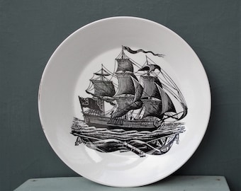 Vintage 1960s Portmeirion Pottery Sailing Ships series small side plate retro 60s  black and white tableware - maritime theme