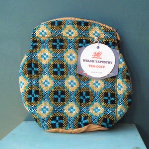 Vintage 1960s tea cosy small one cup size - Welsh wool tapestry fabric turquoise black mustard - touch and close fastener 60s design UNUSED