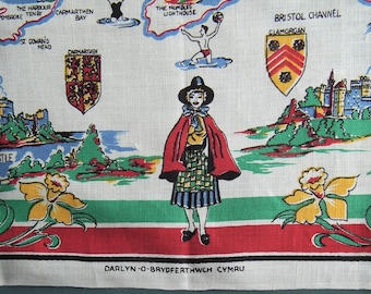 Vintage 1960s tea cloth Welsh souvenir map of Wales 60s linen tea towel Welsh lady collectible tea towel