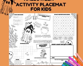 May include: A Halloween activity placemat for kids with a variety of spooky themed games and activities. The placemat includes a word search, crossword puzzle, and tracing exercises. The text on the placemat reads "Halloween Activity Placemat for Kids."
