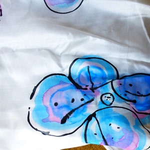 Hand Painted Silk Scarf Flowers , Butterflies on a White or Sky Blue Back ground image 1