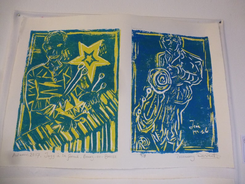 Original LINO Prints from a Concert Sketchbook by Rosemary Derwent Bourg-en-Bresse Jazz à La ferme Venue on Friday night image 1