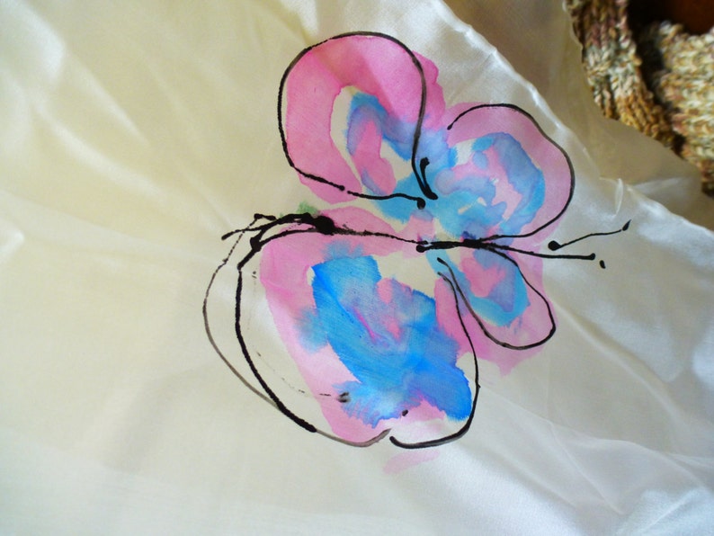 Hand Painted Silk Scarf Flowers , Butterflies on a White or Sky Blue Back ground image 2