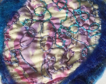 Magic Snails Trail, Small Individual Original Art Textiles Embroidery Series, Blue & Pink Abstract Art Quilt, FiberOriginal Textile Artwork.