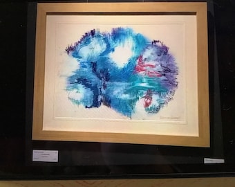 Blue Planet Embroidery, Art Textile in Freehand Machine Embroidery, stretched onto acid free canvas board, glass and wood frame by Craftsman