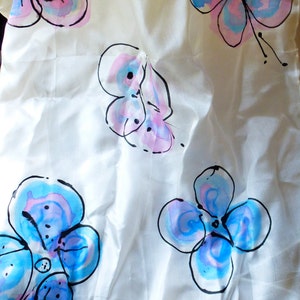 Hand Painted Silk Scarf Flowers , Butterflies on a White or Sky Blue Back ground image 3