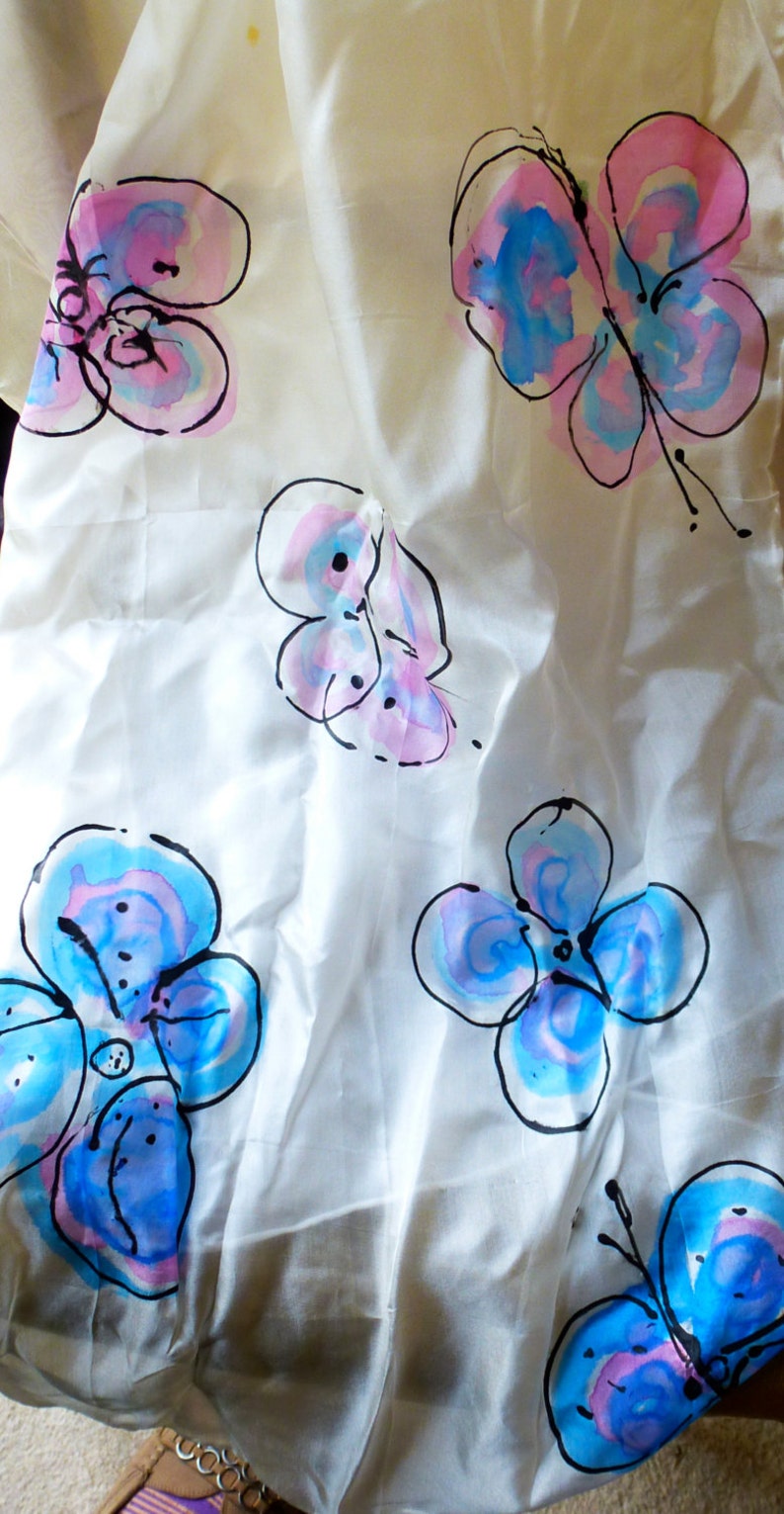 Hand Painted Silk Scarf Flowers , Butterflies on a White or Sky Blue Back ground image 3