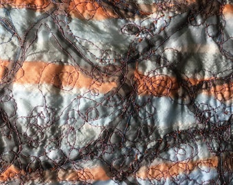 Square Silk Embroidered Art Textile Monoprint, a Collectable ready to frame, in Silvery Blue & Orange, Original Artwork