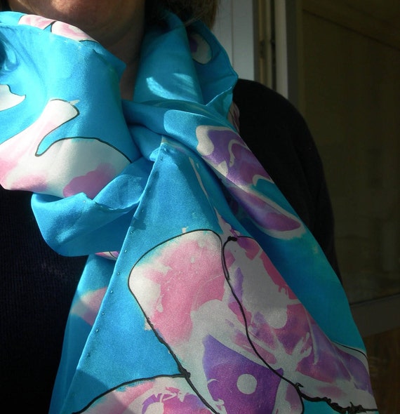 Japanese flowers for Cruise Wear and Beach Wedding - Beautiful Big Hand Painted Wrap, Stole, Chôle, Shawl Pure Silk Hand Painted BATIK Style