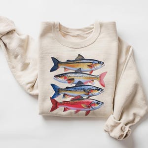 Abstract Colorful Trout In A Row Sweatshirt, River Fish Trout Species Outfit, Boho Unisex Crewneck Sweater, Fly Fishing Gift, Boho Crewneck