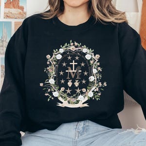 Marian Catholic T-Sweatshirt, Virgin Mary T-shirt, Catholic Gifts For Women, Catholic Tee, Marian Cross Shirt, Floral Women Religious Shirts