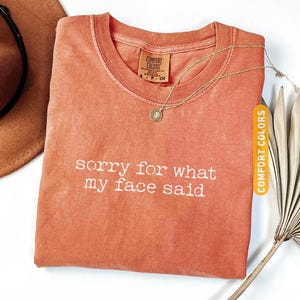 Pu&ograve; includere: Una maglietta Comfort Colors color igname con la scritta bianca "sorry for what my face said". Sono visibili anche una collana d'oro con un ciondolo e un cappello marrone.