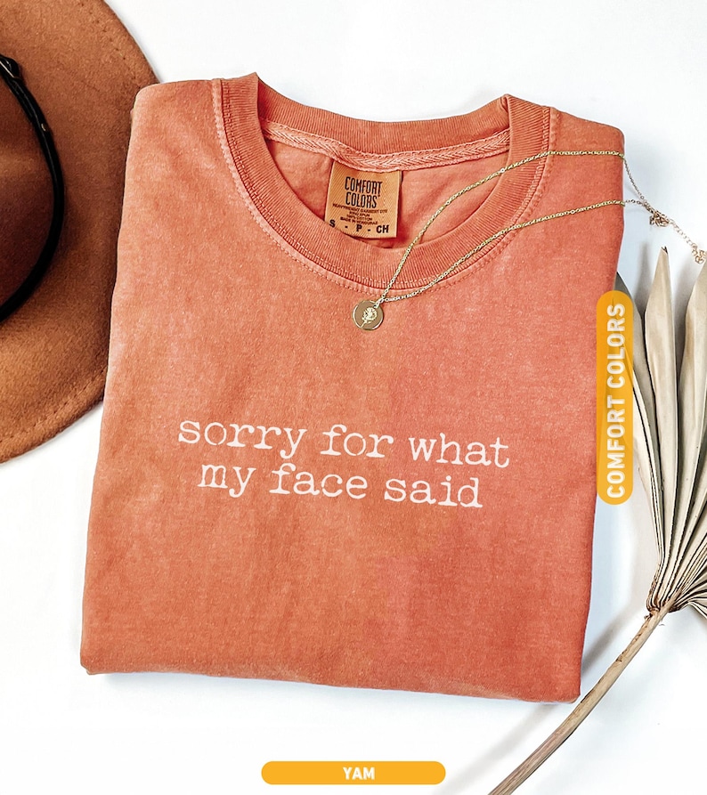 Pu&ograve; includere: Una maglietta Comfort Colors color igname con la scritta bianca "sorry for what my face said". Sono visibili anche una collana d'oro con un ciondolo e un cappello marrone.