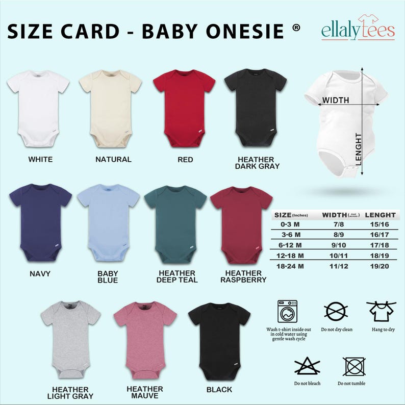 a baby onesie size chart with different colors and sizes