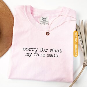 Pu&ograve; includere: T-shirt rosa chiaro con la scritta nera "sorry for what my face said". Sono visibili anche una collana in oro rosa e un cappello marrone. La maglietta ha un'etichetta Comfort Colors.