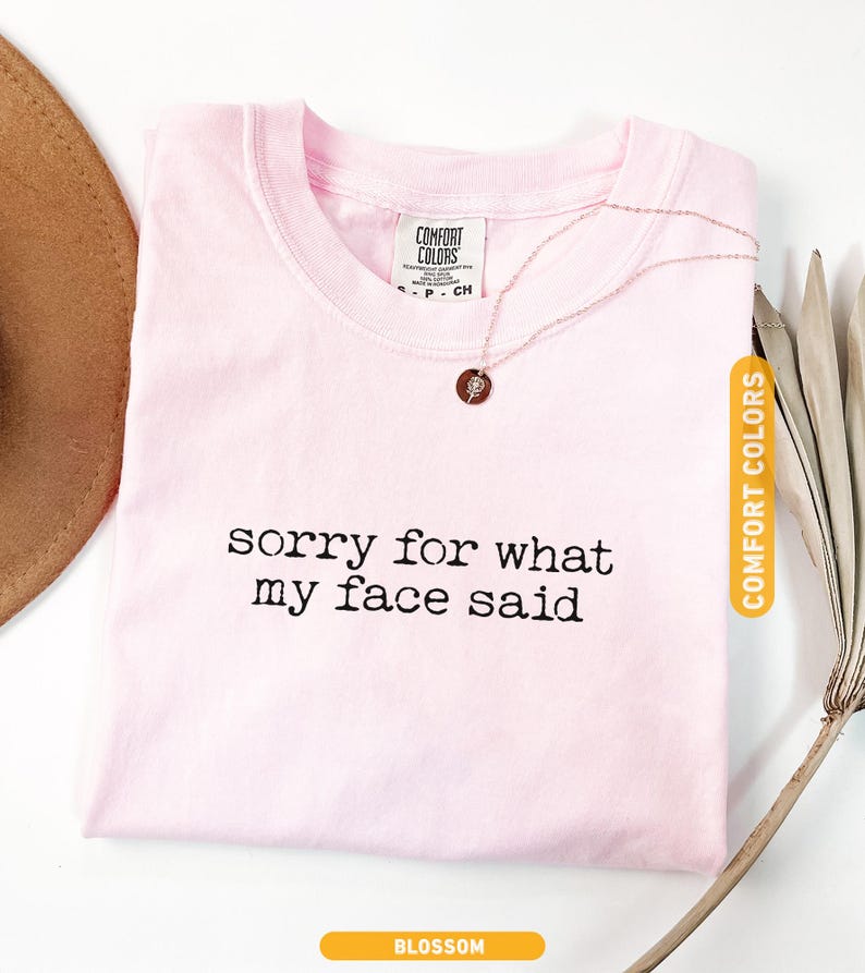 Pu&ograve; includere: T-shirt rosa chiaro con la scritta nera "sorry for what my face said". Sono visibili anche una collana in oro rosa e un cappello marrone. La maglietta ha un'etichetta Comfort Colors.