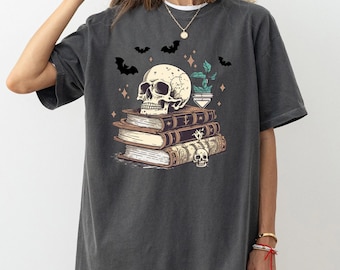 Dark Romance Shirt, Skull and Books Design, Cozy Halloween Tee
