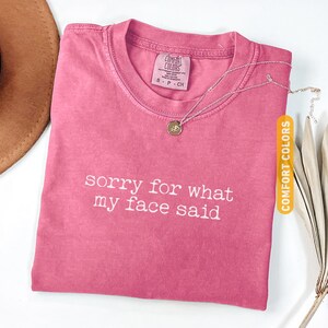 Pu&ograve; includere: Una maglietta rosa con la scritta bianca "sorry for what my face said". La maglietta ha uno scollo tondo e una piccola etichetta. Una collana d'argento con un ciondolo &egrave; sulla maglietta. La parola "CRUNCHBERRY" &egrave; in basso.