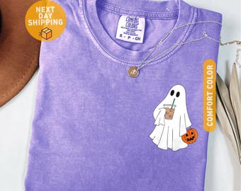 Comfort Colors Cute Ghost Coffee Shirt, Halloween T-Shirt