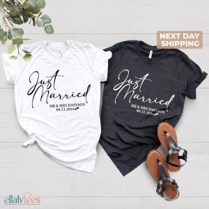 Just Married T-Shirt, Personalized Husband and Wife Couples Honeymoon T-Shirt, Finally Matching Wedding Tee, Mr and Mrs Any Name Any Date