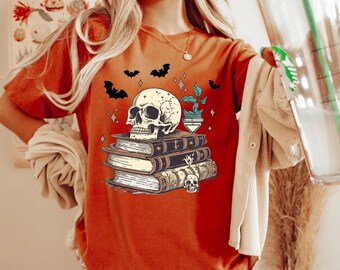 Dark Romance Shirt, Skull and Books Design, Cozy Halloween Tee