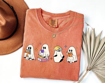 Ghosts Reading Books Comfort Colors Shirt, Spooky Season Fall Tee