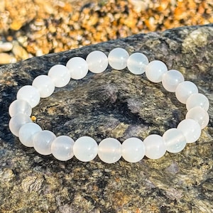 White Agate Bracelet – 8mm Frosted Milky Gemstone, Minimalist Beaded Stack, Unisex Summer Gift